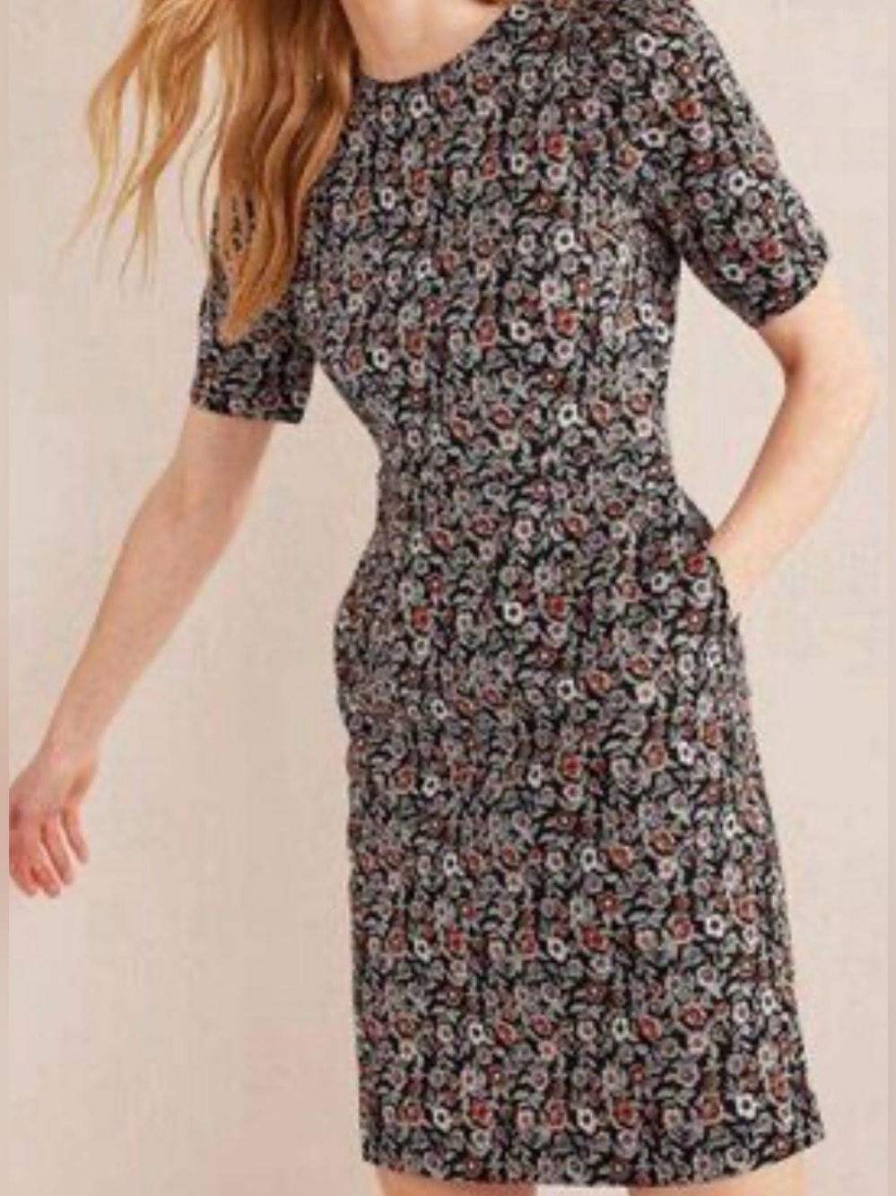 Boden Zoe black/brown/orange floral print pocket dress